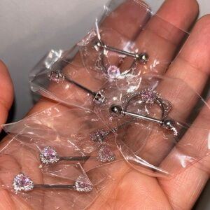 Silver bar and pink Zirconia Nipple Rings (NEW) 3 sets